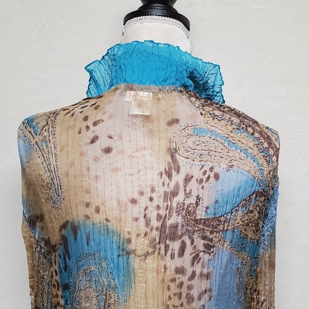 Vintage OOAK Alberto Makali Blue Leopard Print Gold Metallic Knit Abstract Top - Picture 12 of 14